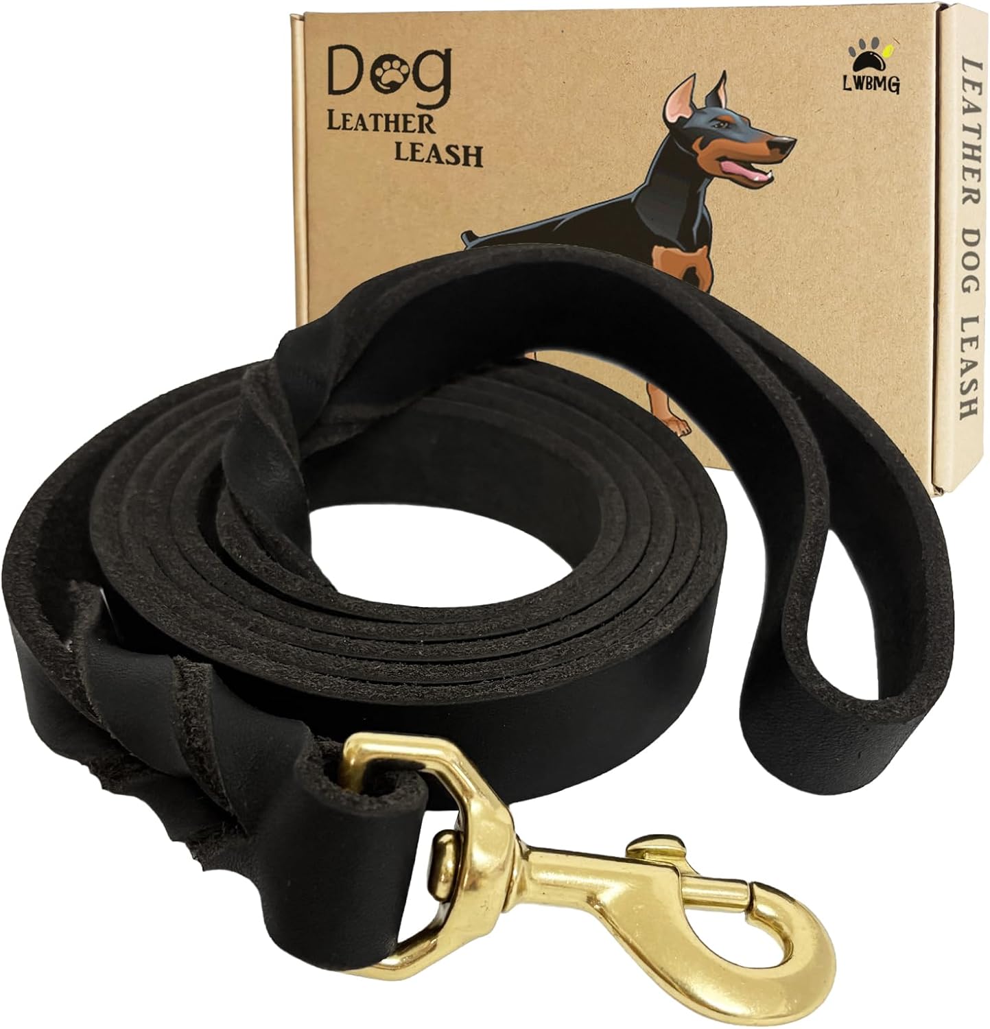'LWBMG leather dog leash in hand showing braided detail and brass hook'