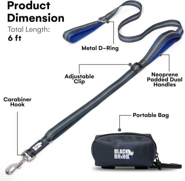 Black Rhino Heavy Duty Dog Leash Reflective Double Handle-2