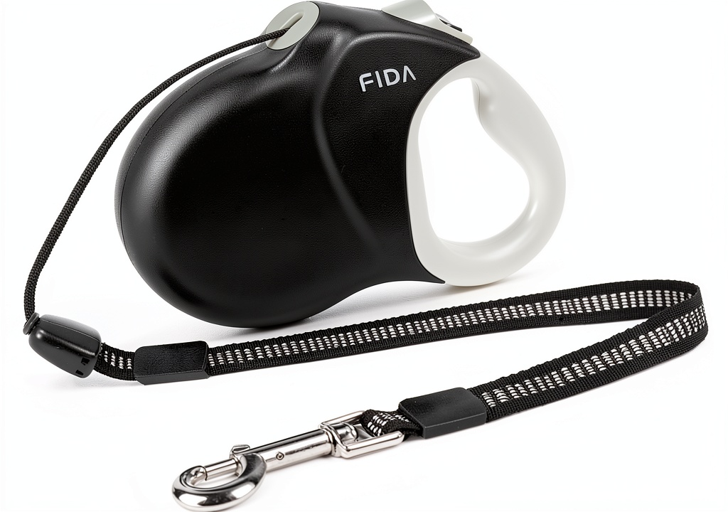 Dog owner jogging with a 30ft retractable leash in a park