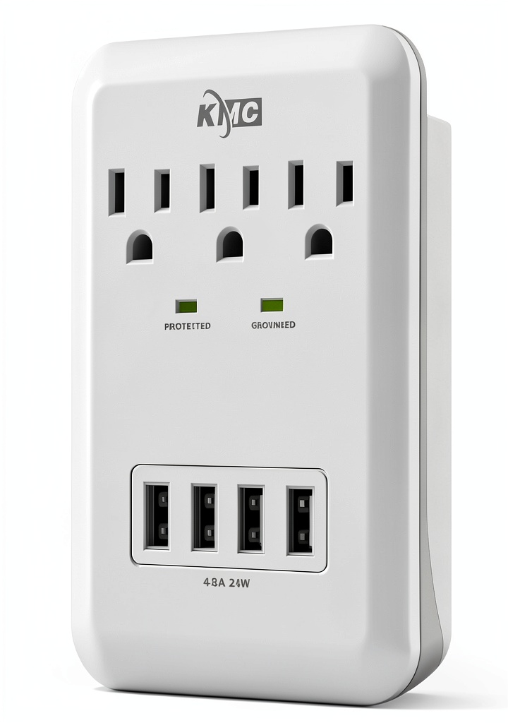 KT-KMC surge protector mounted on a desk with devices plugged in