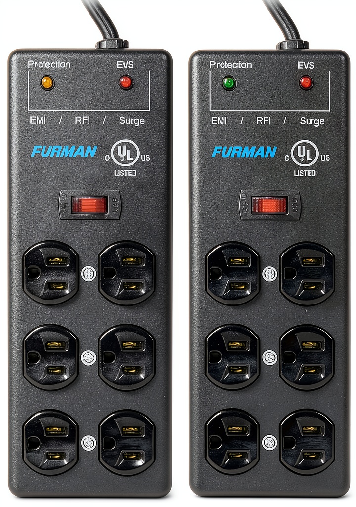 Furman surge protector installed behind a desktop computer