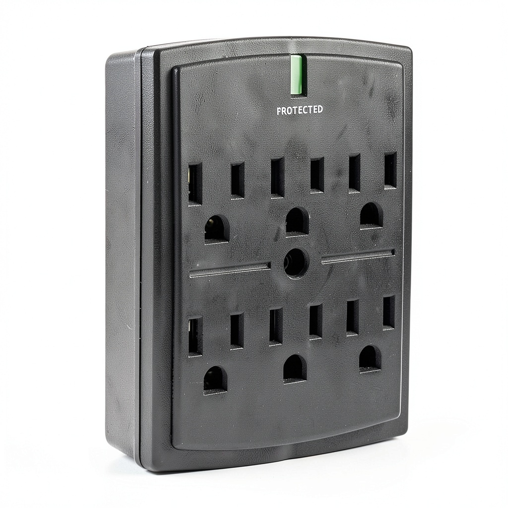Sanus surge protector installed behind a home office monitor setup